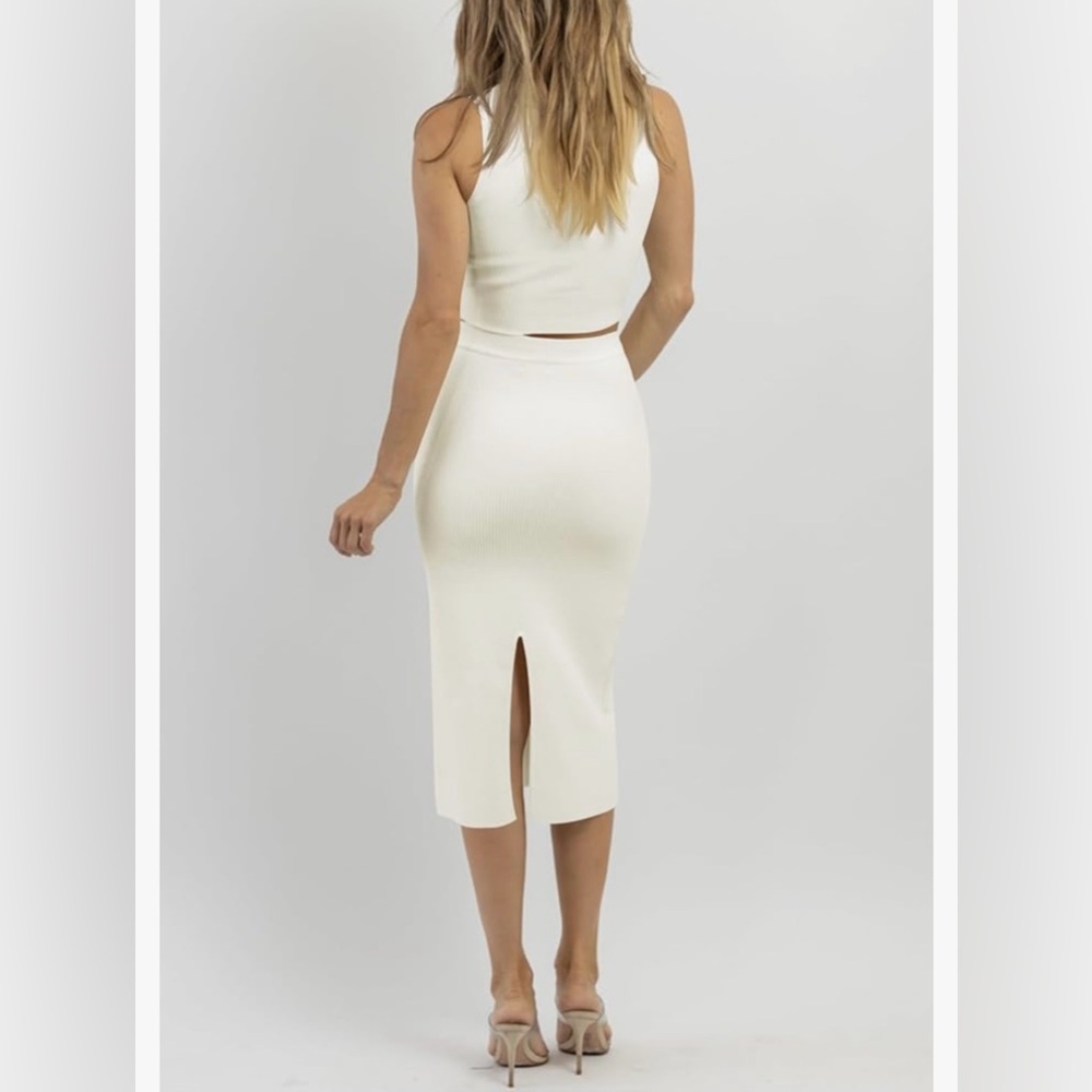 Cream Ribbed Knit Sleeveless Crop Top Bodycon Midi Skirt Set - Picture 9 of 10